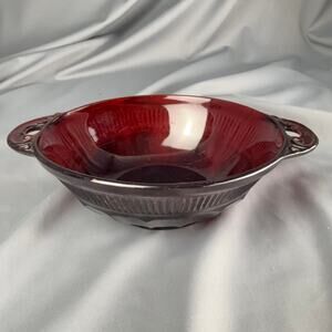 Vintage Ruby Red Pressed Glass Bowl with Handles Mid Century Dish 6"
